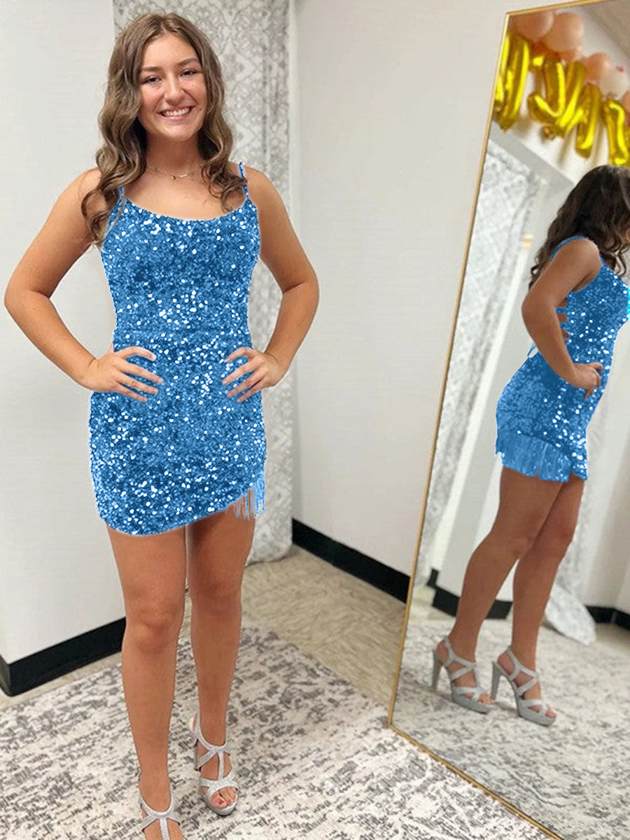 Robe courte moulante à sequins avec bretelles spaghetti ajustée pour soirée de retour