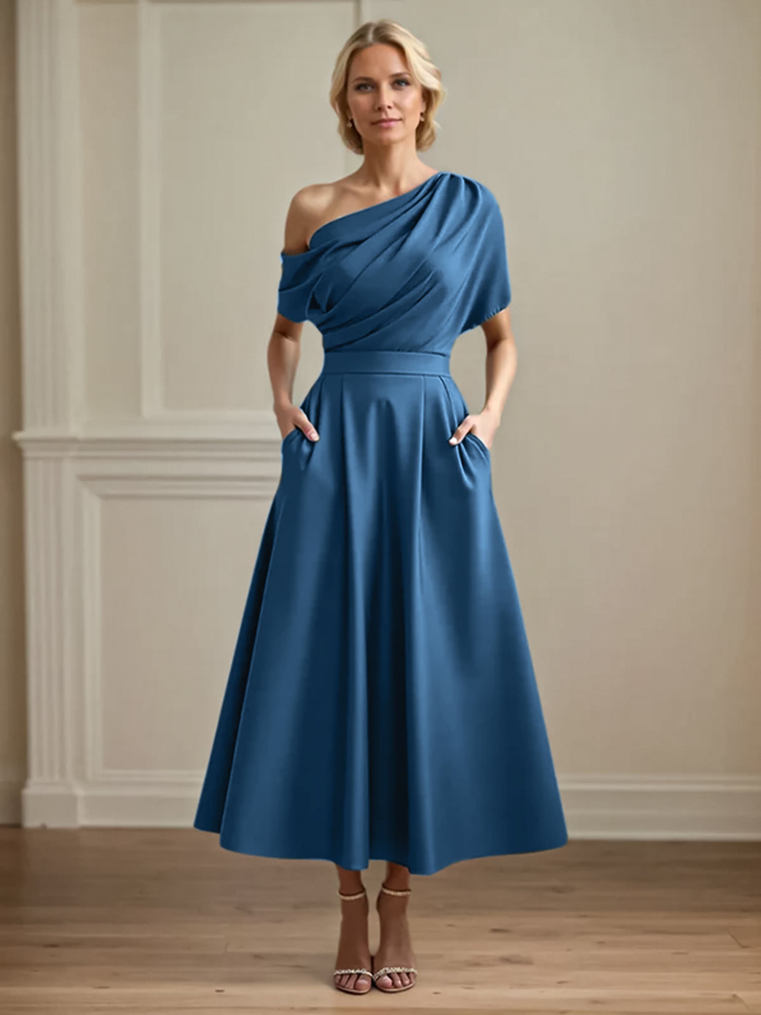 A Line Satin One Shoulder Pleated Ankle Length Mother of the Bride Dress