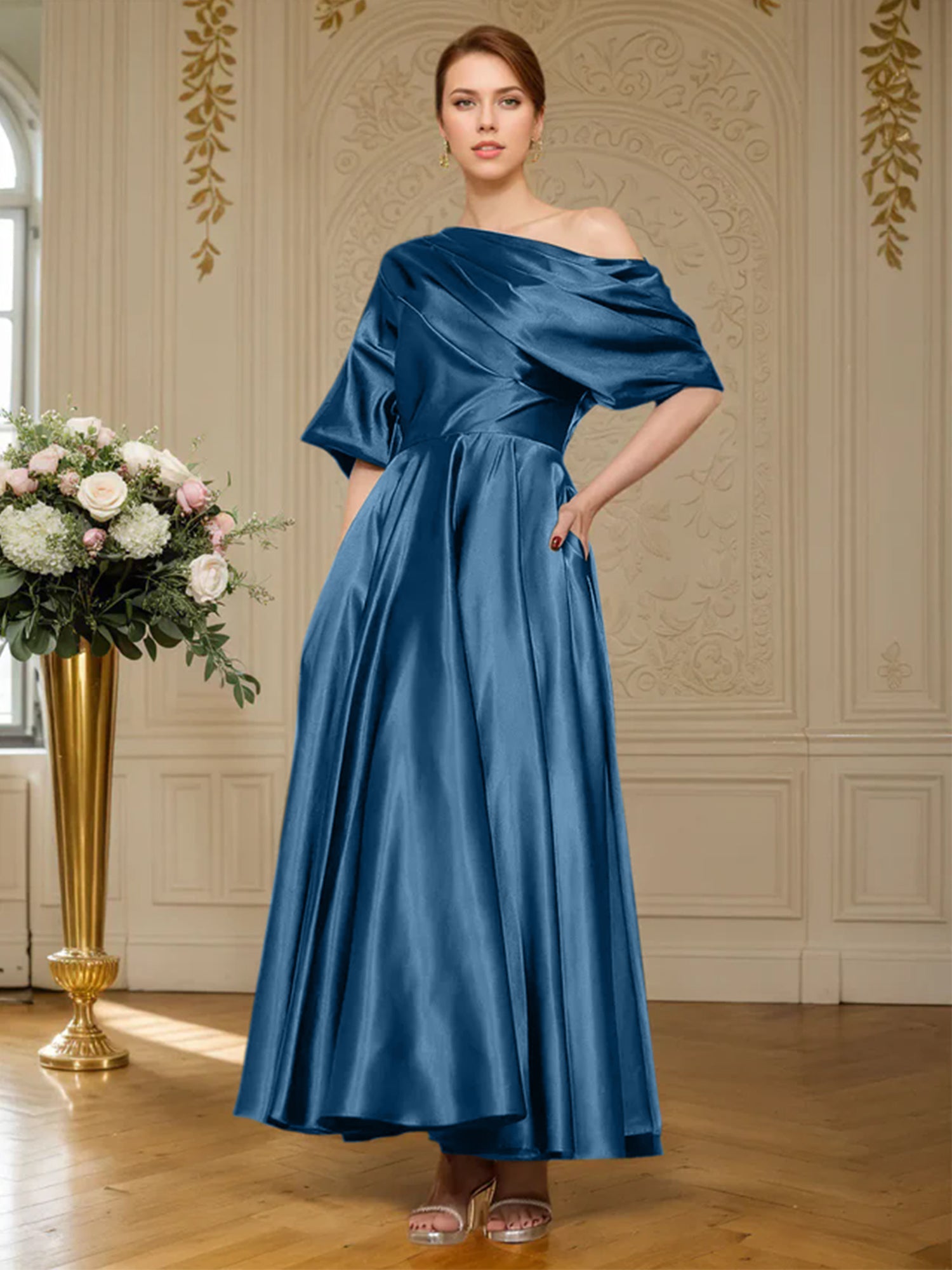 A-Linien Kurzarm plissiertes knöchellanges seidenähnliches Satin Kleid für die Brautmutter