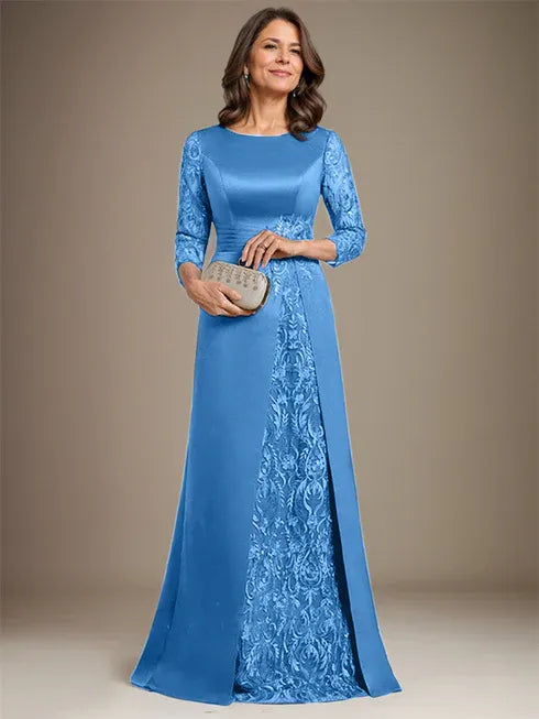Vestido de madre de la novia largo hasta el suelo con encaje, satén, línea A, escote redondo y aplicaciones