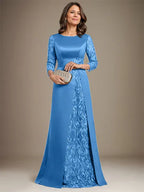 Vestido de madre de la novia largo hasta el suelo con encaje, satén, línea A, escote redondo y aplicaciones