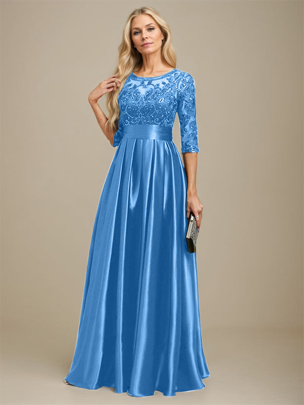 A-Linien Ausschnitt Illusions bodenlanges Stretch-Satin-Spitzenkleid für die Brautmutter mit Schleife und Pailletten