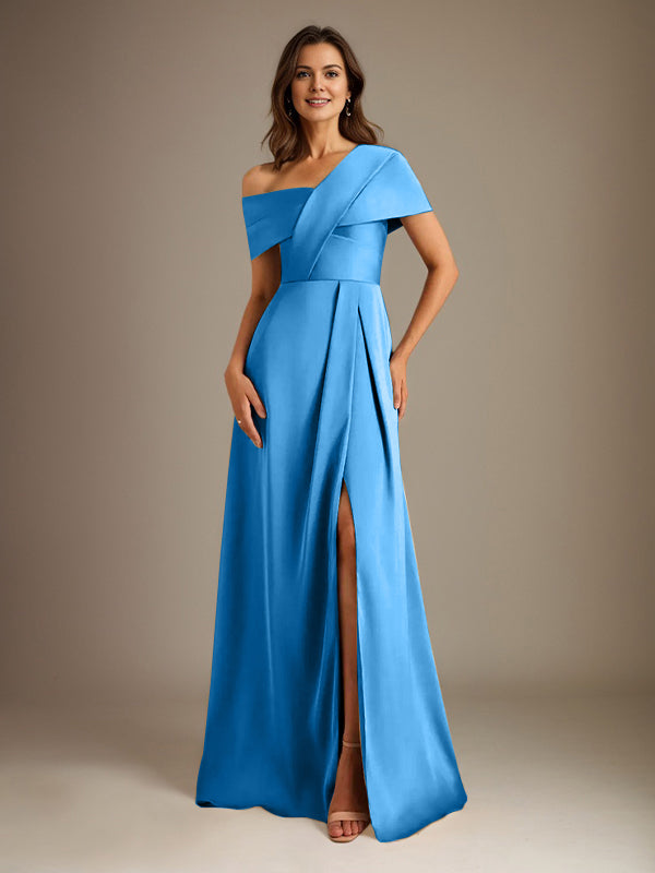 A-Linien asymmetrischer Ausschnitt bodenlanges Satin-Brautkleid für die Brautmutter mit Falten