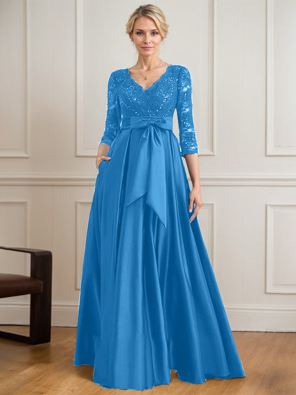 Robe mère de la mariée en satin et dentelle, coupe trapèze, col en V, longue avec nœud à sequins