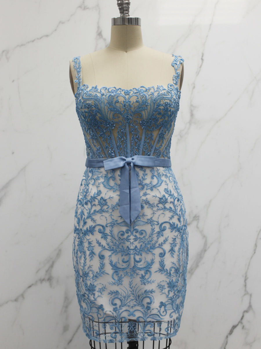Robe de bal bleu moulante en dentelle à épaules dénudées avec nœud