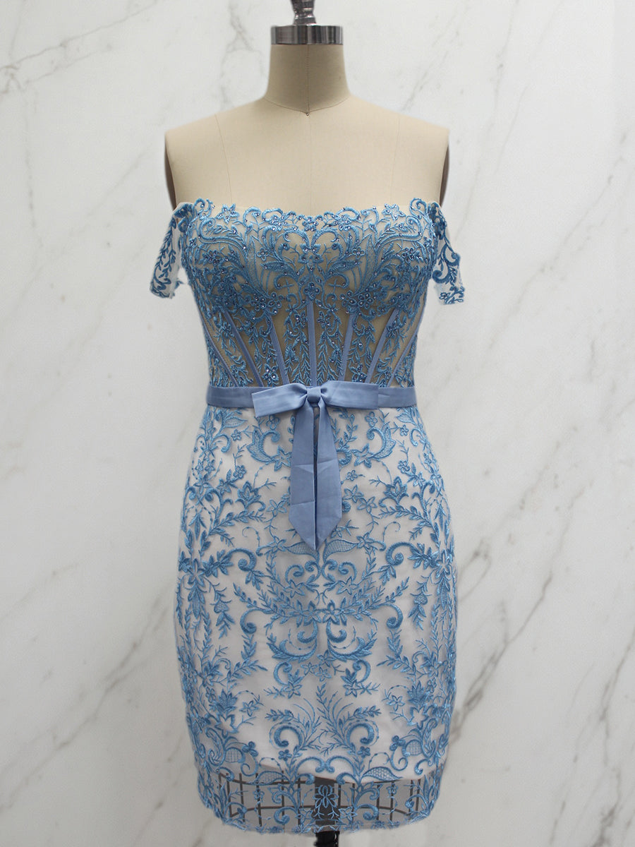 Robe de bal bleu moulante en dentelle à épaules dénudées avec nœud