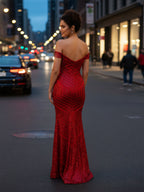 Robe de bal à sequins à épaules dénudées avec motif géométrique