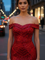 Robe de bal à sequins à épaules dénudées avec motif géométrique