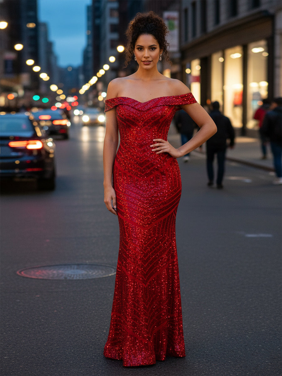 Robe de bal à sequins à épaules dénudées avec motif géométrique
