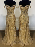 Off-the-Shoulder Sequin Lace Mermaid Long Porm Dress with Slit