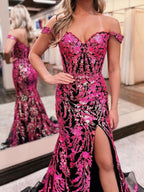 Off-the-Shoulder Sequin Lace Mermaid Long Porm Dress with Slit