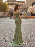 Off The Shoulder Draped Neck Long Fishtail Prom Dress with Wide Hem