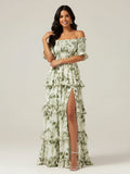 Off The Shoulder Printed Floral Maxi Dress With Slit