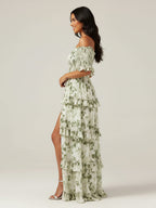 Off The Shoulder Printed Floral Maxi Dress With Slit