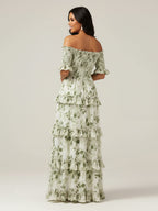 Off The Shoulder Printed Floral Maxi Dress With Slit