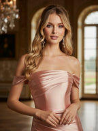 Vestido formal largo de satén plisado con escote off-shoulder y tela elástica