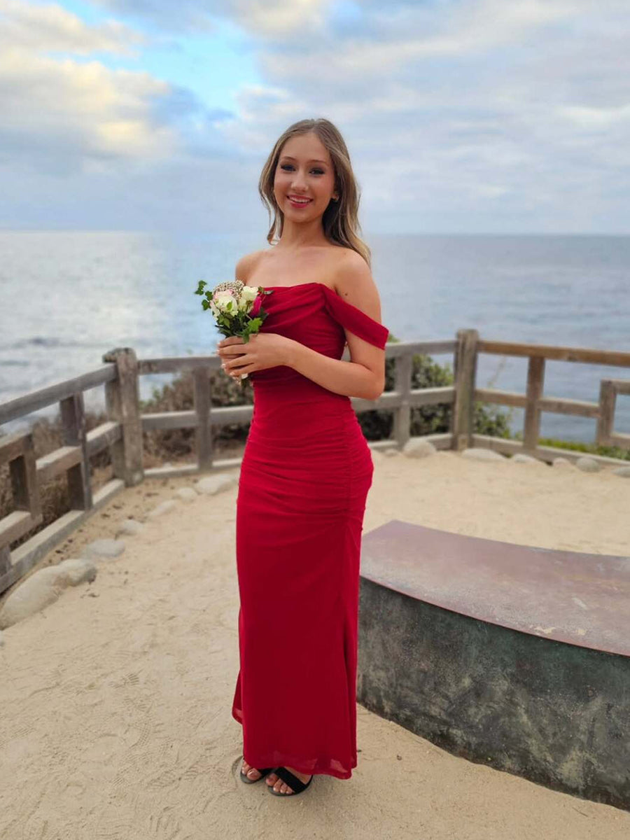 Blaues schulterfreies Meerjungfrauen-Kleid mit Falten, lang und formell