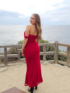 Vestido largo formal de fiesta de graduación azul con pliegues y escote off the shoulder estilo sirena