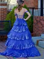 Off the Shoulder Tiered Lace Long Prom Dress