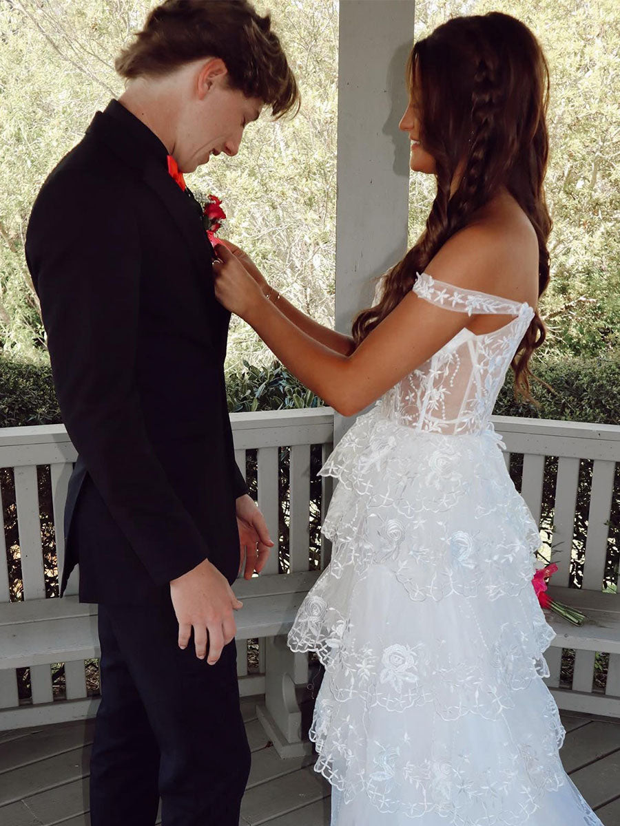 Off the Shoulder Appliques Tiered Long Prom Dress
