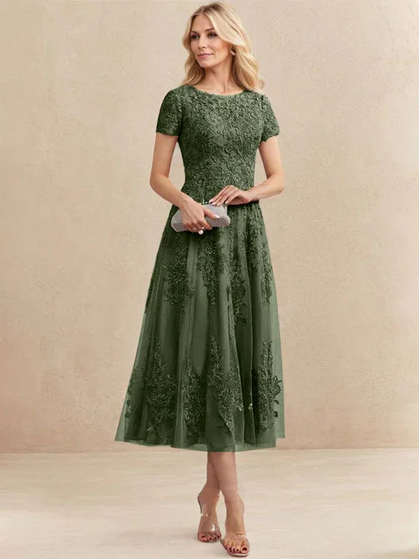 Robe de mère de la mariée A-line en tulle et dentelle, col arrondi, longueur thé