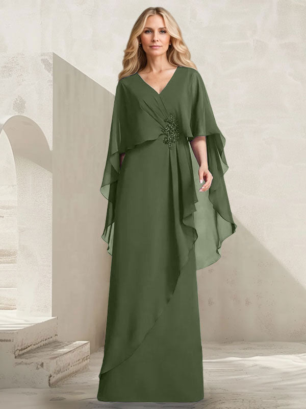 Robe mère de la mariée longue en chiffon coupe trapèze à col en V avec volants en cascade et perles