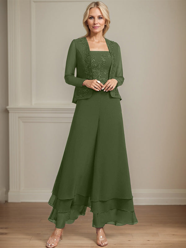 Zweiteiler Jumpsuit/Hosenanzug quadratisch knöchellang Spitze Chiffon Brautmutterkleid mit Pailletten