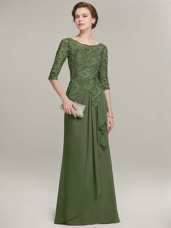A-Linien Rundhalsausschnitt Illusions bodenlanges Spitzen-Chiffon Mutter der Braut Kleid mit kaskadierenden Rüschen
