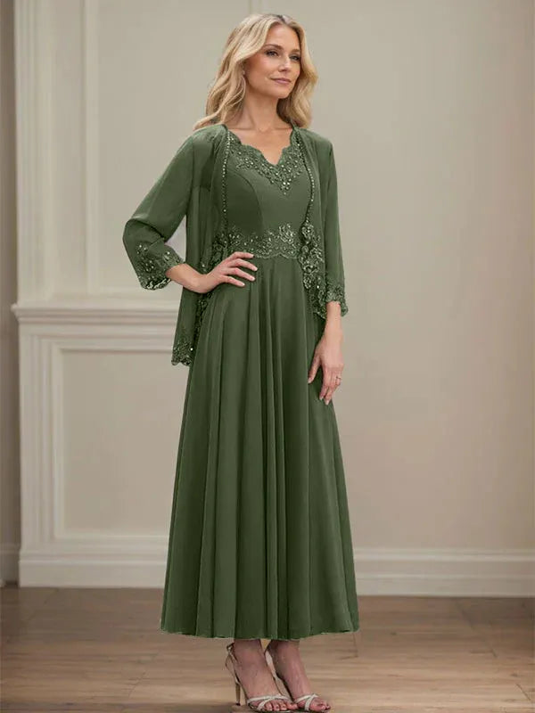 A-Linien Kleid mit V-Ausschnitt, knöchellang, aus Chiffon, Mutter der Braut Kleid mit Pailletten, Applikationen, Spitze und Perlenbesatz