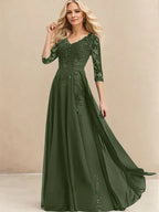 A-Linien V-Ausschnitt Bodenlanges Spitzen-Chiffon Kleid für die Brautmutter mit Pailletten