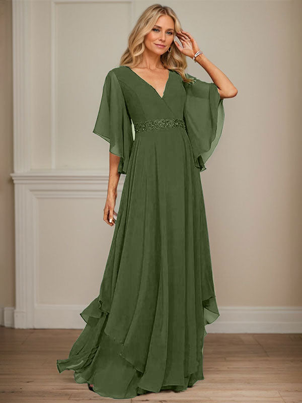 A-Linien V-Ausschnitt bodenlanges Chiffon-Mutter-der-Braut-Kleid mit Pailletten-Applikationen, Spitze und Perlen