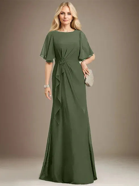 A-Linien Rundhals bodenlanges Chiffon Mutter der Braut Kleid mit kaskadierenden Rüschen Perlen Pailletten