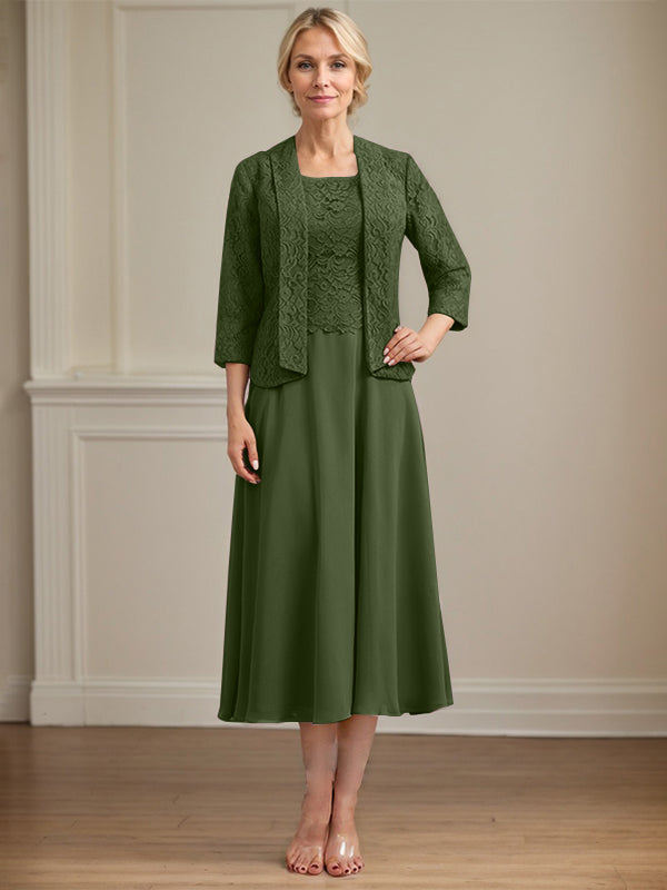 A-Linien Kleid mit Rundhalsausschnitt, tea-länge, Spitze und Chiffon, Mutter der Braut Kleid