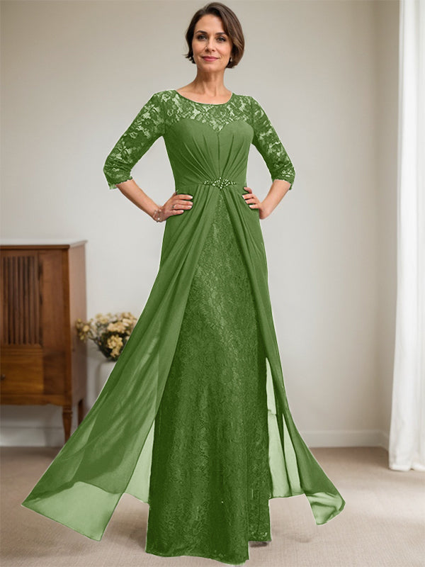 A-Linien Rundhalsausschnitt Illusions-Bodenlanges Spitzen-Chiffonkleid für die Brautmutter mit Perlen und Volants