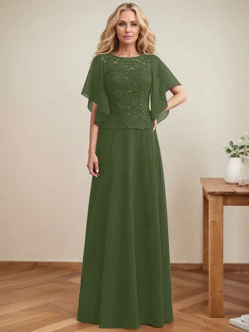 A-Linien Rundhals Illusions-Bodenlanges Spitzen-Chiffon Mutter-der-Braut-Kleid mit Pailletten