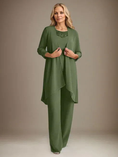 Chiffon Kleid mit Rundhalsausschnitt und langen Ärmeln, Mutter-der-Braut Hosenanzug mit Jacke