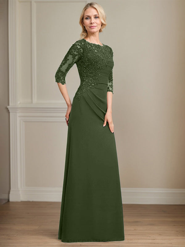 A-Linie Rundhals bodenlanges Chiffon Spitzen Brautmutterkleid mit Perlen Falten Pailletten