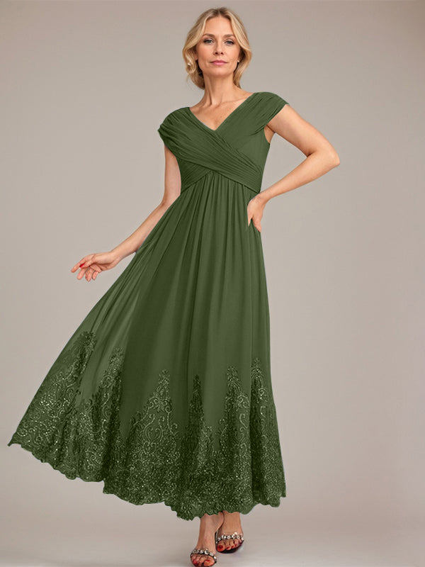 A-Linien V-Ausschnitt Knöchellanges Chiffon Kleid der Brautmutter mit Applikationen und Pailletten