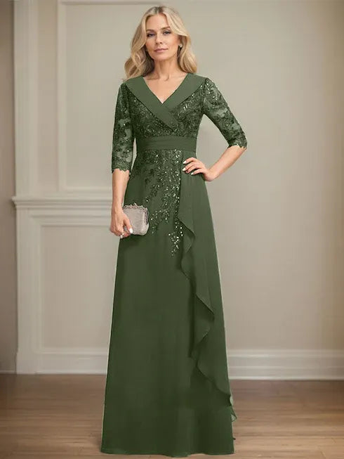 A-Linien Kleid mit Kragen, V-Ausschnitt, bodenlang, aus Spitze und Chiffon, Mutter der Braut Kleid mit Pailletten und fallenden Rüschen
