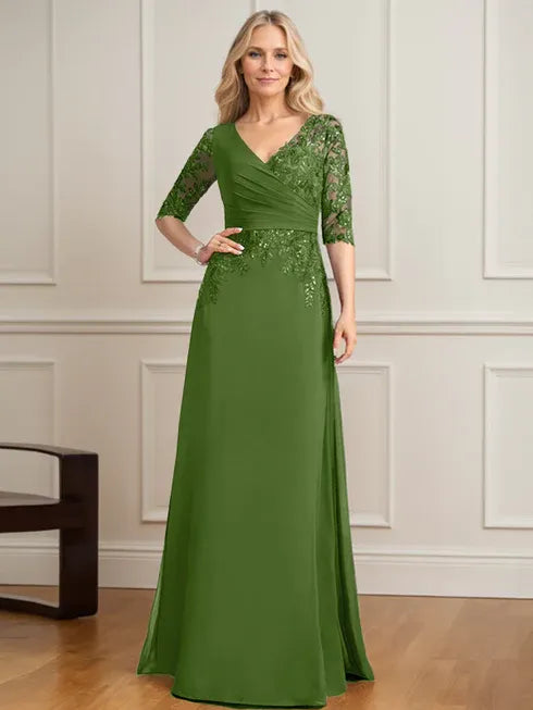 A-Linien V-Ausschnitt bodenlanges Spitzen-Chiffon Kleid der Brautmutter mit plissierten Pailletten