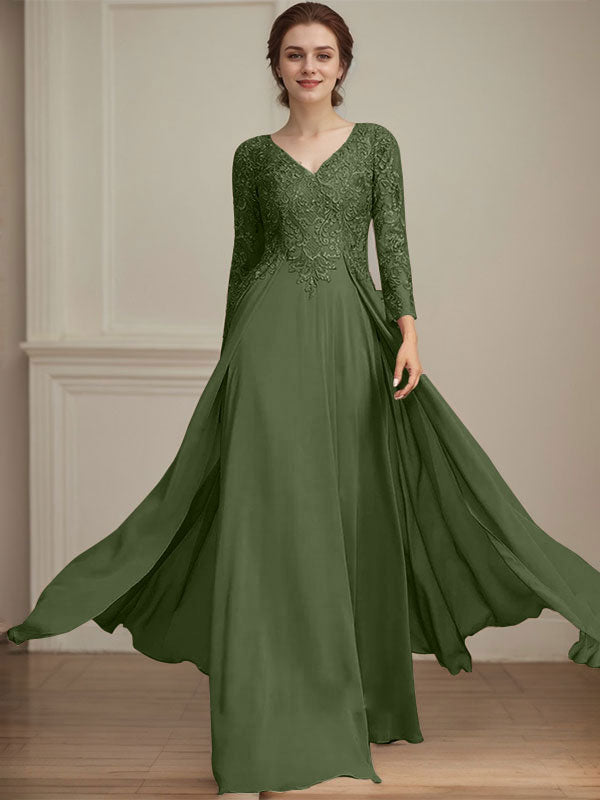 A-Linien V-Ausschnitt Bodenlanges Spitzen-Chiffon Kleid für die Brautmutter mit Pailletten