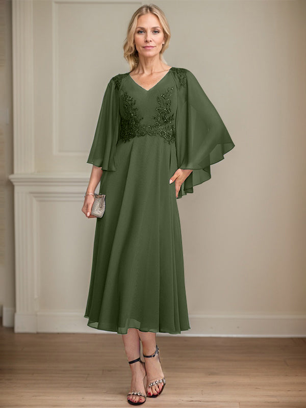 A-Linien-Brautmutterkleid aus Chiffon, V-Ausschnitt, tea-length mit Spitze, Pailletten und Perlen