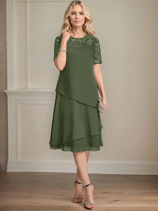 A-Linien Rundhals Illusions-Knie-Länge Spitzen-Chiffon Kleid für die Brautmutter mit Pailletten