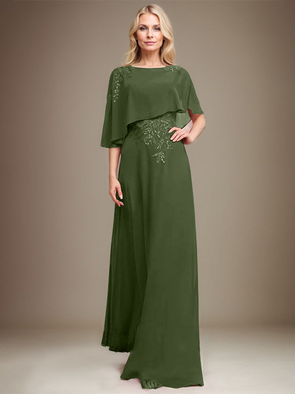 A-Linie Rundhals Bodenlanges Chiffon-Spitzenkleid für die Brautmutter mit Pailletten und Perlen