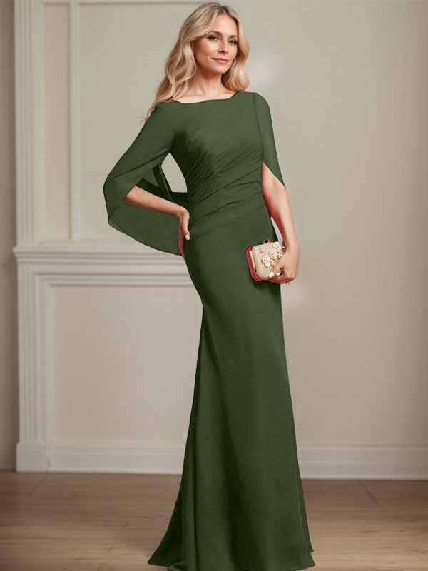 Trompeten-/Meerjungfrauen-Chiffonkleid mit Bootsausschnitt, bodenlang, plissiert, Brautmutterkleid