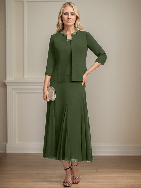 Separates A-Linien Chiffonkleid mit Rundhalsausschnitt, tea-length, Mutter der Braut mit Pailletten und Perlen