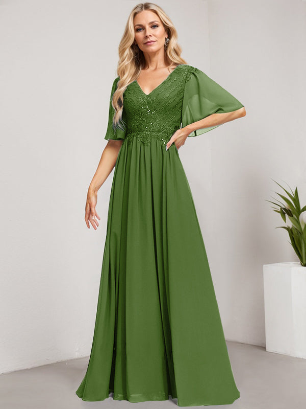 Robe mère de la mariée ligne A col en V longue en dentelle et chiffon avec sequins