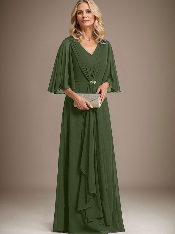 A-Linien V-Ausschnitt Bodenlanges Chiffon Kleid für die Brautmutter mit kaskadierenden Rüschen und Kristallbrosche