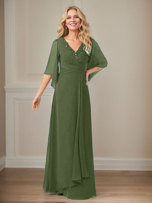 A-Linien V-Ausschnitt langes Pailletten-Chiffon Mutterkleid