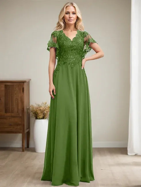 Robe mère de la mariée ligne A col en V longue en dentelle et chiffon avec sequins